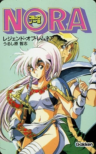 1990s_(style) 2girls armor blonde_hair clothing_cutout legend_of_lemnear lemnear liam_(legend_of_lemnear) multiple_girls navel navel_cutout phonecard purple_hair retro_artstyle shoulder_armor silver_hair sword telephone_card thumbs_up urushihara_satoshi weapon