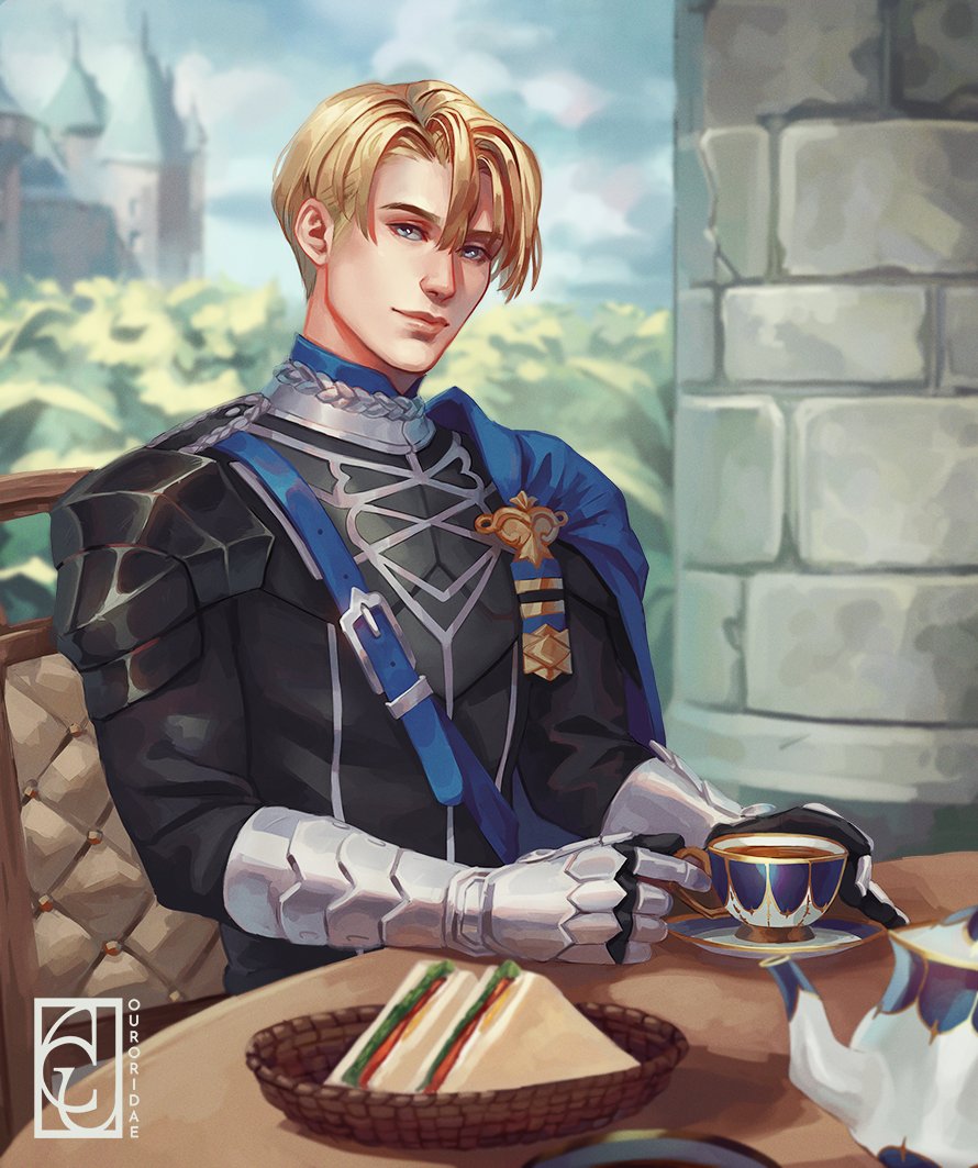 1boy armor armored_gloves artist_name belt belt_buckle black_armor black_gloves blonde_hair blue_cape blue_eyes bowl buckle cape castle chair chest_belt closed_mouth commentary cup dimitri_alexandre_blaiddyd english_commentary fire_emblem fire_emblem:_three_houses food garreg_mach_monastery_uniform gloves looking_at_viewer male_focus nintendo ouroridae outdoors pauldrons plant sandwich saucer school_uniform shoulder_armor side_cape single_pauldron sitting smile solo table tea teacup teapot upper_body