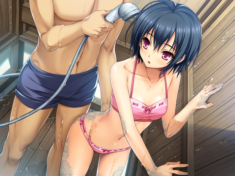 10s 1boy 1girl bikini blue_hair blue_male_swimwear blue_swim_trunks game_cg kurosaki male_swimwear navel purple_eyes short_hair shower_head swim_trunks swimsuit tsukayama_nagisa tsukuyama_nagisa uezato_ryouhei uhou_renka