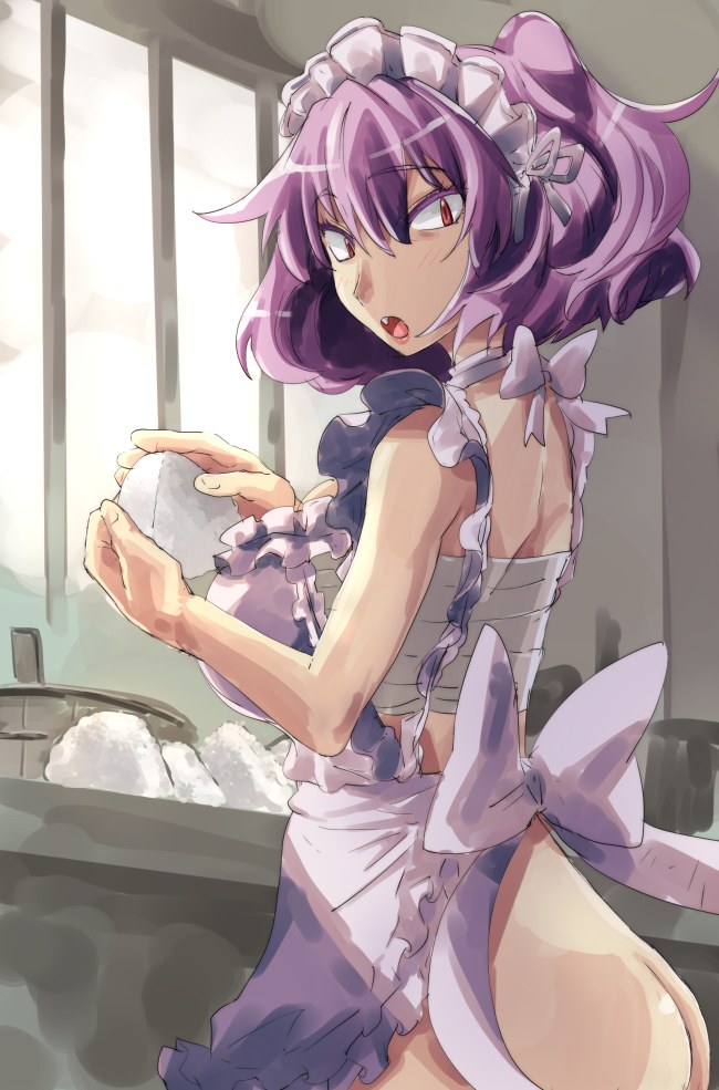 1girl apron ass bottomless breasts fang female_focus food large_breasts looking_at_viewer maid_headdress nearly_naked_apron ohitsu onigiri open_mouth purple_hair red_eyes sarashi short_hair slit_pupils solo touhou yasaka_kanako yohane