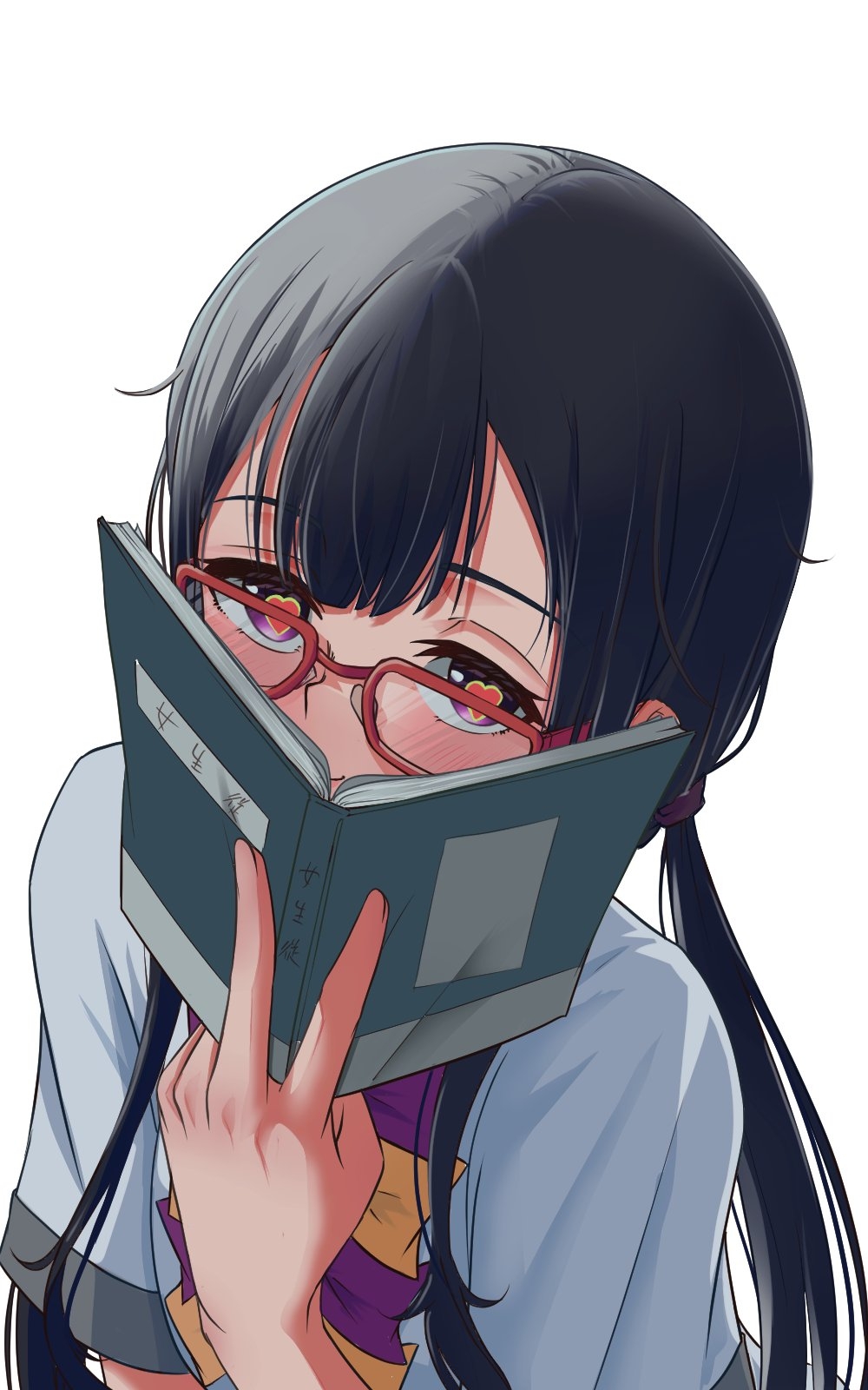 1girl akatsuki_(akatsukinotsuki) black_hair blush book bow bowtie closed_mouth covered_mouth glasses heart heart-shaped_pupils highres holding holding_book long_hair looking_at_viewer make_heroine_ga_oo_sugiru! purple_bow purple_bowtie purple_eyes red-framed_eyewear school_uniform shirt simple_background smile solo symbol-shaped_pupils tsukinoki_koto twintails upper_body v white_background white_shirt yellow_bow yellow_bowtie