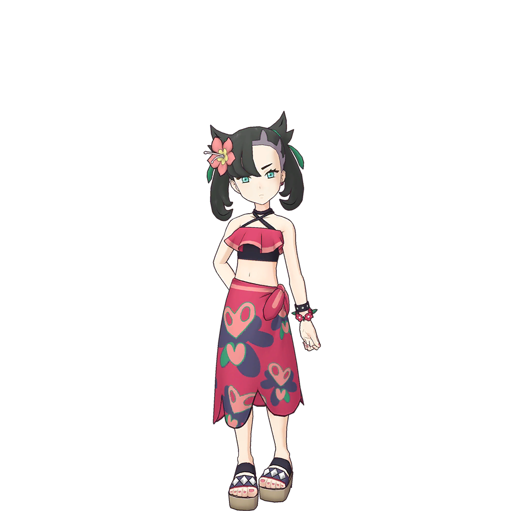 1girl alternate_costume black_hair creatures_(company) feet flower flower_on_head game_freak hibiscus marnie_(pokemon) marnie_(summer_2021)_(pokemon) midriff nail_polish navel nintendo official_alternate_costume official_alternate_hairstyle official_art pink_nails platform_footwear platform_sandals pokemon pokemon_masters_ex bad_tag sandals short_hair toenail_polish toenails toes