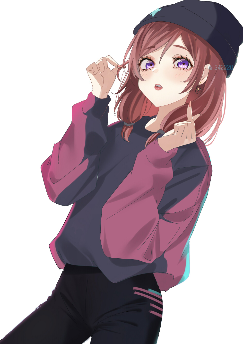 1girl beanie black_pants blush bunbun_(midukikome) earrings hands_up hat highres jewelry looking_at_viewer love_live! love_live!_school_idol_project medium_hair nishikino_maki pants pink_nails purple_eyes red_hair red_lips simple_background solo sweater two-tone_sweater