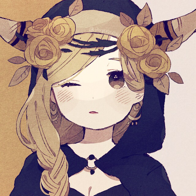 1girl blonde_hair braid breasts brown_eyes cleavage earrings fiona_gilman fiona_gilman_(scylla) flower hood hood_up horns horns_through_hood identity_v jewelry one_eye_closed ponponzutea rose solo