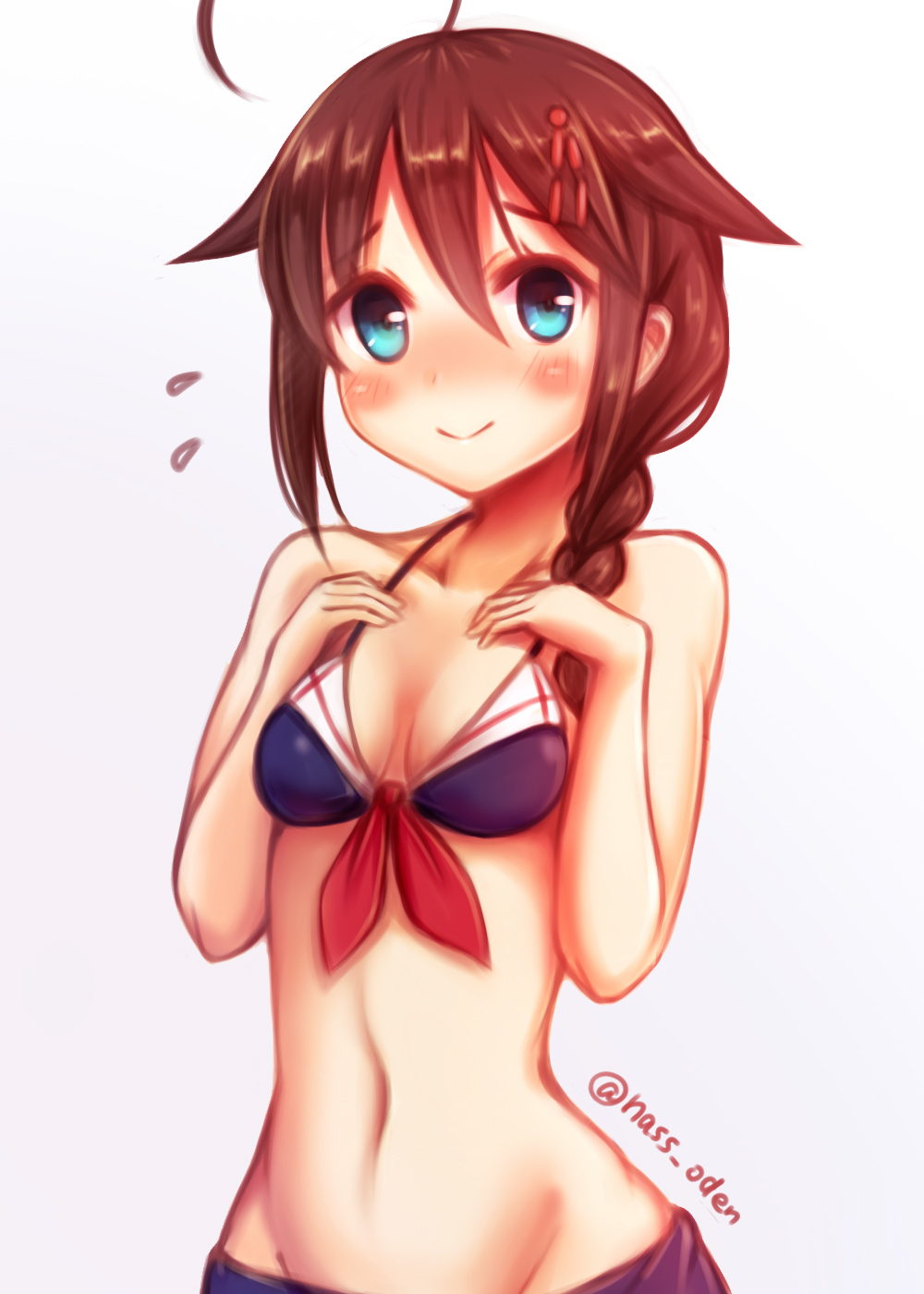 10s 1girl ahoge bikini blue_eyes blush braid breasts brown_hair female_focus gradient_background hair_ornament hair_over_shoulder highres kantai_collection long_hair looking_at_viewer n@ss shigure_(kancolle) shigure_kai_ni_(kancolle) single_braid small_breasts smile solo swimsuit twitter_username