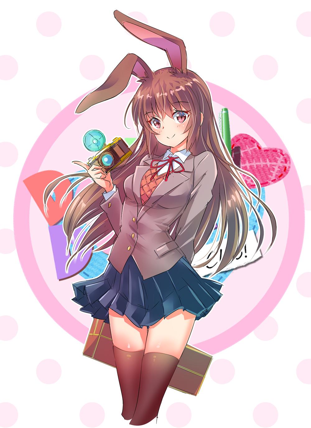 1girl animal_ears arm_behind_back black_thighhighs brown_eyes brown_hair brown_thighhighs camera cosplay doki_doki_literature_club female_focus highres iesupa long_hair miniskirt outline rabbit_ears rabbit_girl rwby school_uniform skirt solo tagme thighhighs velvet_scarlatina very_long_hair white_outline