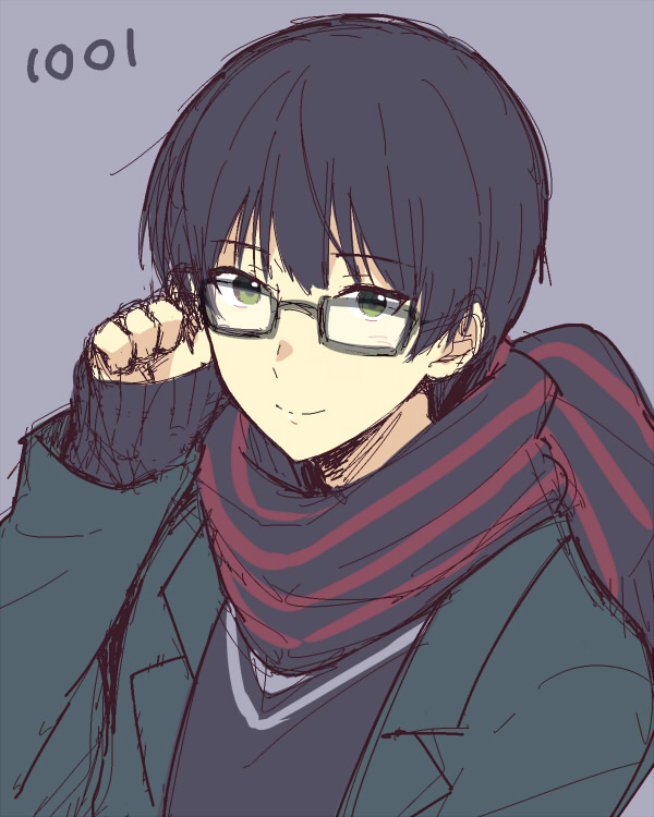 10s 1boy adjusting_eyewear bespectacled black_hair blue_background fingerless_gloves glasses glasses_day gloves green_eyes kyoukai_no_kanata male_focus mo_(nmnme) nase_hiroomi scarf school_uniform simple_background smile solo upper_body