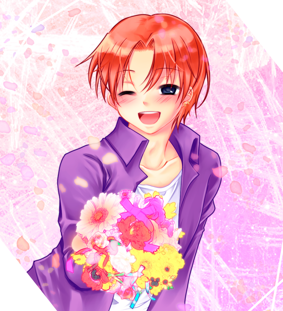 1boy black_eyes blush bouquet child fate/zero fate_(series) flower imikuy male_focus open_mouth orange_hair smile solo uryuu_ryuunosuke wink