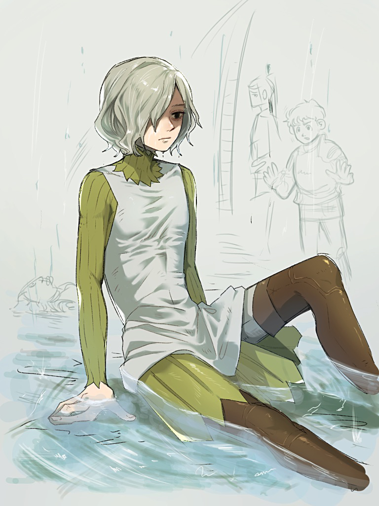 3boys afloat bags_under_eyes black_eyes boots dungeon_meshi elf gorget green_shirt grey_hair kabru knee_up lazy_eye long_sleeves male_focus mithrun multiple_boys notched_ear partially_colored pointy_ears ripples shaded_face shirt short_hair shurou sitting thigh_boots tunic uneven_eyes user_jwmp7225 water wavy_hair wet wet_clothes wet_hair