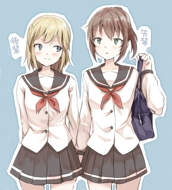 2girls bag blonde_hair blue_background blush brown_hair green_eyes holding_hands looking_at_another multiple_girls original school_bag school_uniform serafuku short_hair simple_background skirt smile takeuchi_aya translation_request yuri