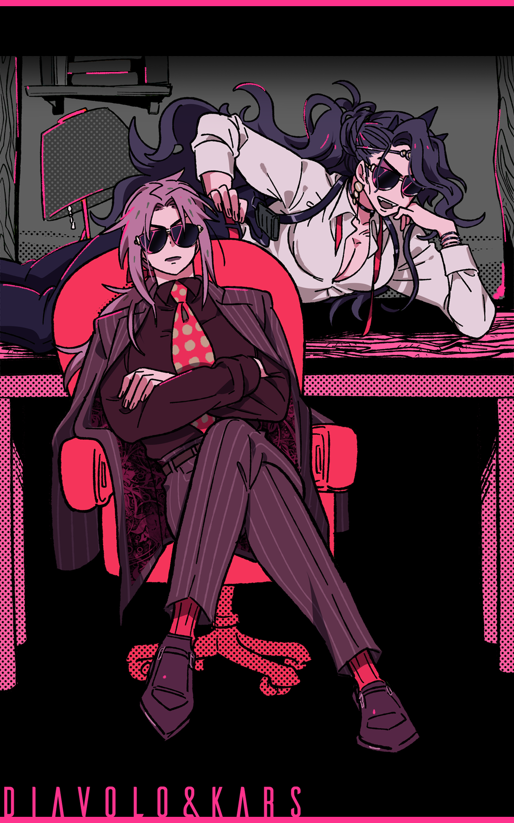 2boys crossed_arms diavolo dress_shirt formal_clothes highres horns jojo_no_kimyou_na_bouken kars_(jojo) lamp large_pectorals long_hair male_focus multiple_boys necktie pectorals pink_hair pinstripe_pattern pinstripe_suit polka_dot_hair puffy_chest purple_hair sameyama_jiro shirt sitting striped suit sunglasses unbuttoned unbuttoned_shirt v-neck vento_aureo wavy_hair