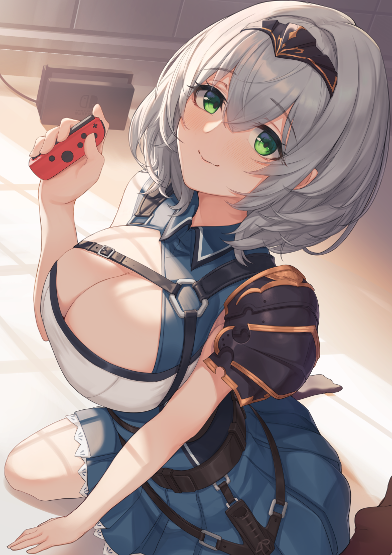 1girl armor black_legwear blue_skirt blush breasts chest_harness cleavage collared_shirt controller game_controller gold_trim green_eyes hair_between_eyes hand_up harness holding holding_controller holding_game_controller hololive indoors joy-con large_breasts looking_at_viewer makamati multiple_straps nintendo_switch nintendo_switch_dock pleated_skirt shirogane_noel shirogane_noel_(1st_costume) shirt short_hair shoulder_armor silver_hair sitting skirt sleeveless sleeveless_shirt smile solo virtual_youtuber wariza