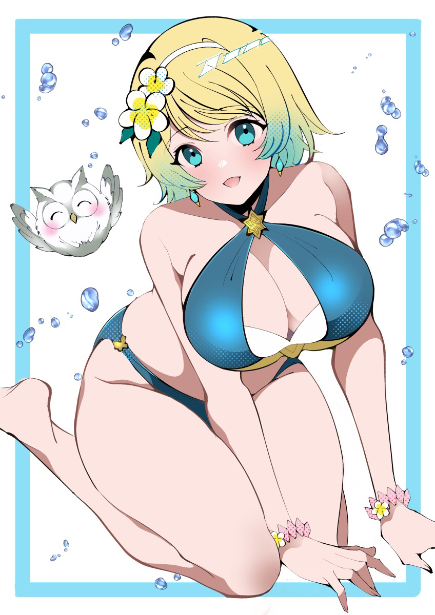 1girl aqua_bikini bikini bird blonde_hair blue_bikini blue_eyes bracelet breasts criss-cross_halter earrings fe135700 feh_(fire_emblem_heroes) fire_emblem fire_emblem_heroes fjorm_(fire_emblem) fjorm_(summer)_(fire_emblem) flower green_hair hair_flower hair_ornament halterneck highres jewelry kneeling large_breasts looking_at_viewer nintendo official_alternate_costume open_mouth owl short_hair smile swimsuit