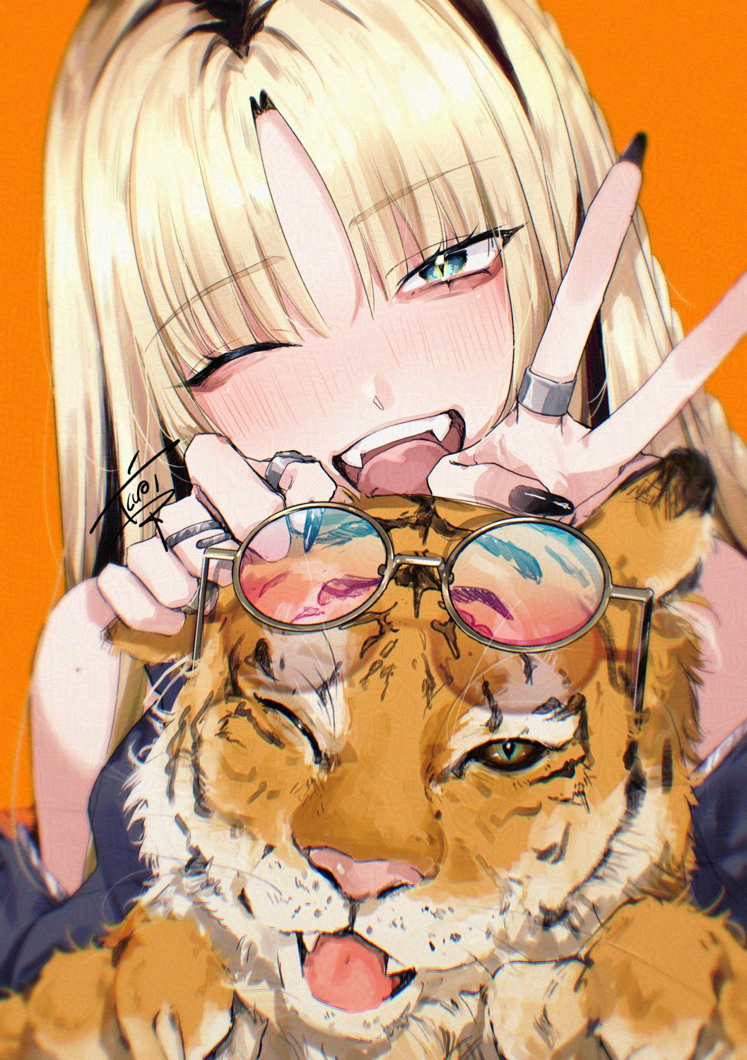 1girl animal black_hair black_nails blonde_hair blush commentary_request cub eyewear_on_head fangs green_eyes hair_between_eyes highres hololive hololive_dev_is jewelry klai koganei_niko looking_at_viewer multicolored_hair multiple_rings nail_polish one_eye_closed open_mouth orange_background ring round_eyewear signature simple_background slit_pupils smile solo streaked_hair teeth tiger tongue two-tone_hair upper_teeth_only v very_long_fingernails virtual_youtuber yellow-framed_eyewear