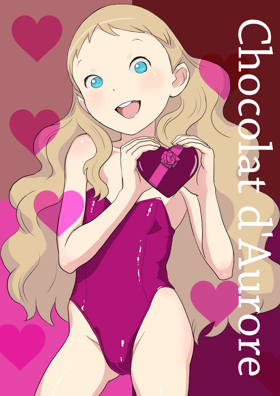 1girl :d aurore bare_arms bare_shoulders blonde_hair blue_eyes cameltoe collarbone cowboy_shot female_focus flat_chest gluteal_fold heart highres holding leotard long_hair looking_at_viewer open_mouth original smile solo standing takatou_sora text_focus