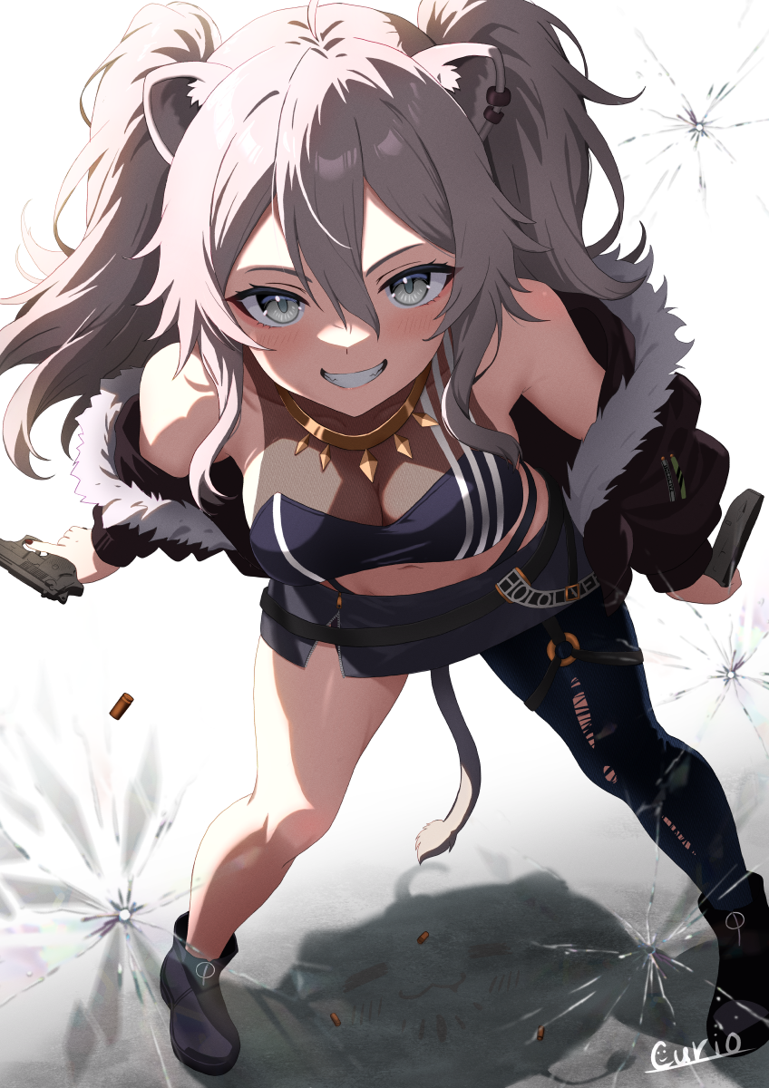 1girl ahoge animal_ears black_skirt black_thighhighs breasts cleavage crop_top curio_(curiofinity) ear_piercing full_body fur-trimmed_jacket fur_trim grey_eyes grey_hair gun hair_between_eyes handgun highres hololive jacket large_breasts lion_ears lion_girl lion_tail long_hair looking_at_viewer off_shoulder piercing see-through_clothes see-through_cleavage shirt shishiro_botan shishiro_botan_(1st_costume) single_leg_pantyhose skirt smile solo tail thighhighs virtual_youtuber weapon zipper_skirt