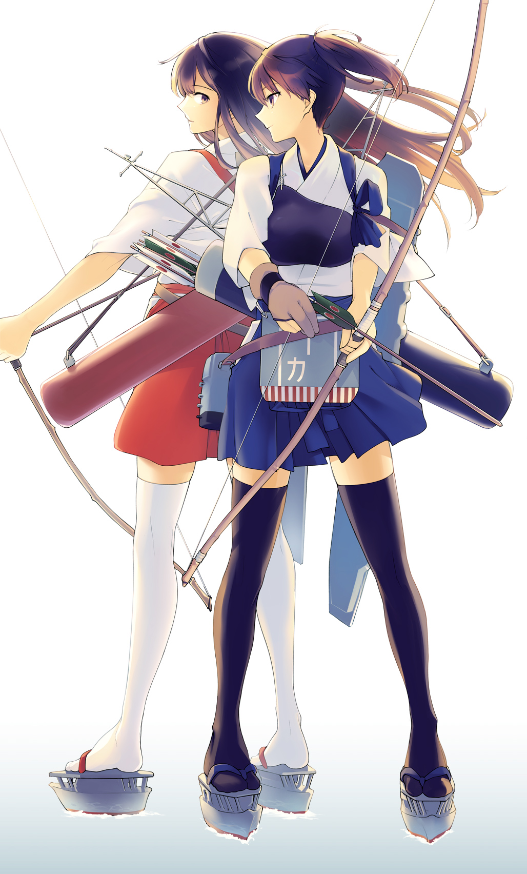 10s 2girls akagi_(kancolle) archery arrow_(projectile) black_legwear bow_(weapon) brown_eyes gloves highres japanese_clothes kaga_(kancolle) kantai_collection kyuudou long_hair multiple_girls muneate nakatani partially_fingerless_gloves partly_fingerless_gloves quiver short_hair side_ponytail skirt standing standing_on_liquid tasuki thighhighs weapon white_legwear yugake zettai_ryouiki