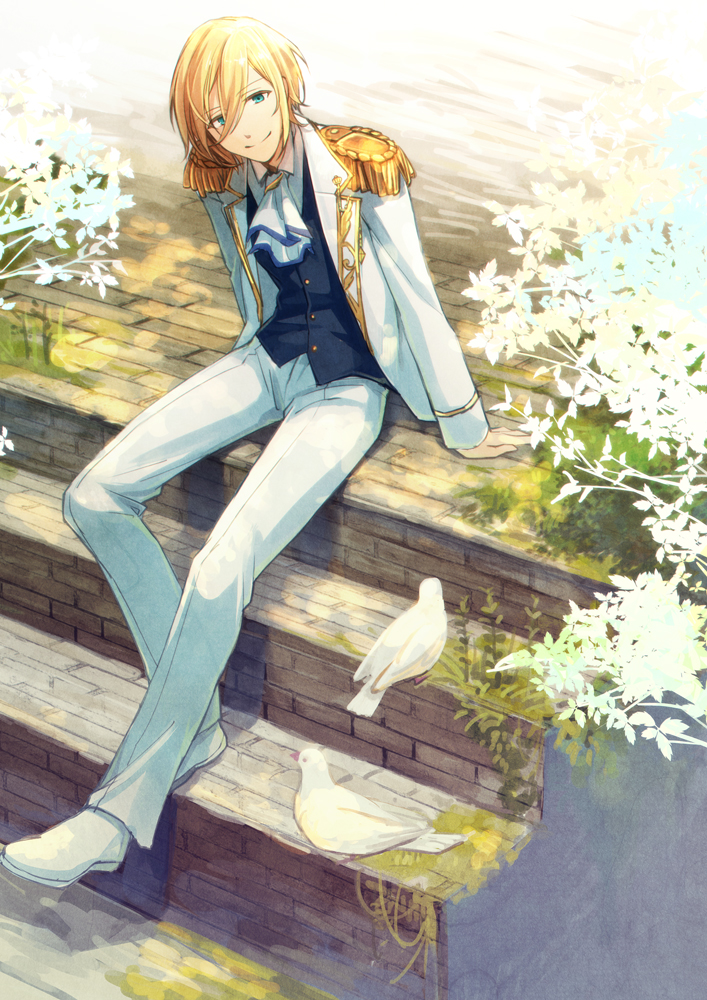 10s 1boy animal arm_support ascot bird blonde_hair blue_eyes closed_mouth dove ensemble_stars! epaulettes hair_between_eyes idol jacket looking_at_viewer male_focus moss open_clothes open_jacket outdoors sitting smile solo stairs tenshouin_eichi tierra818 vest waistcoat