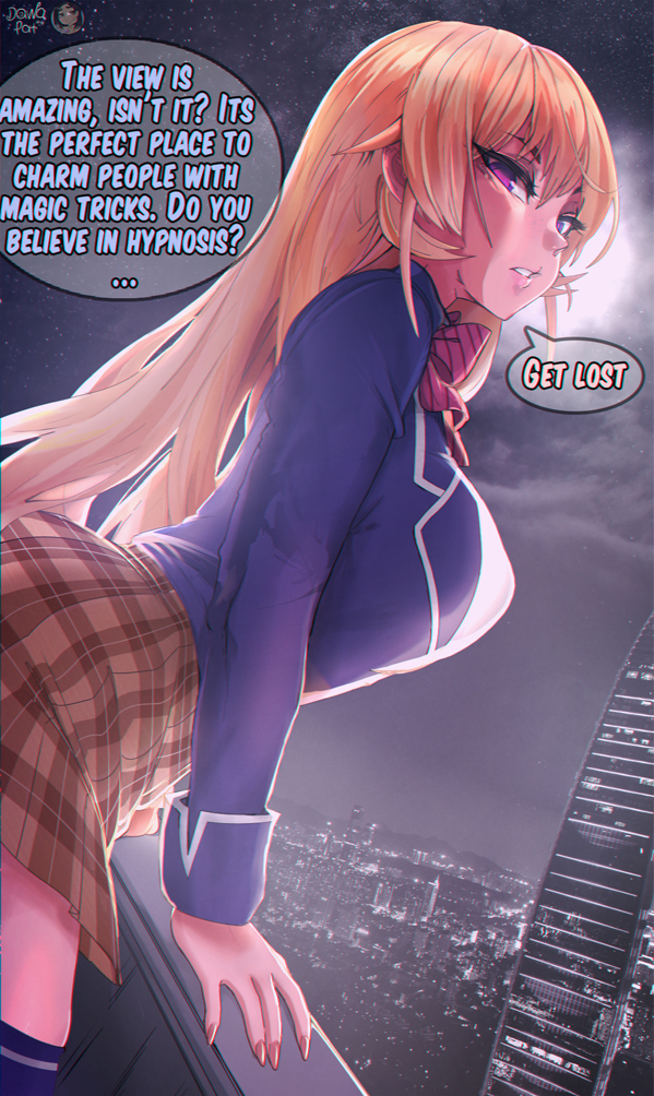 1girl blonde_hair bow bowtie breasts brown_skirt city commission covered_erect_nipples dawapat english_text from_side jacket long_hair nail_polish nakiri_erina night outdoors plaid_clothes plaid_skirt purple_jacket red_bow red_bowtie shiny_skin shirt shokugeki_no_souma skirt sky speech_bubble star_(sky) starry_sky striped_bow striped_bowtie striped_clothes teeth thighhighs tootsuki_saryou_ryouri_gakuen_uniform white_shirt zettai_ryouiki