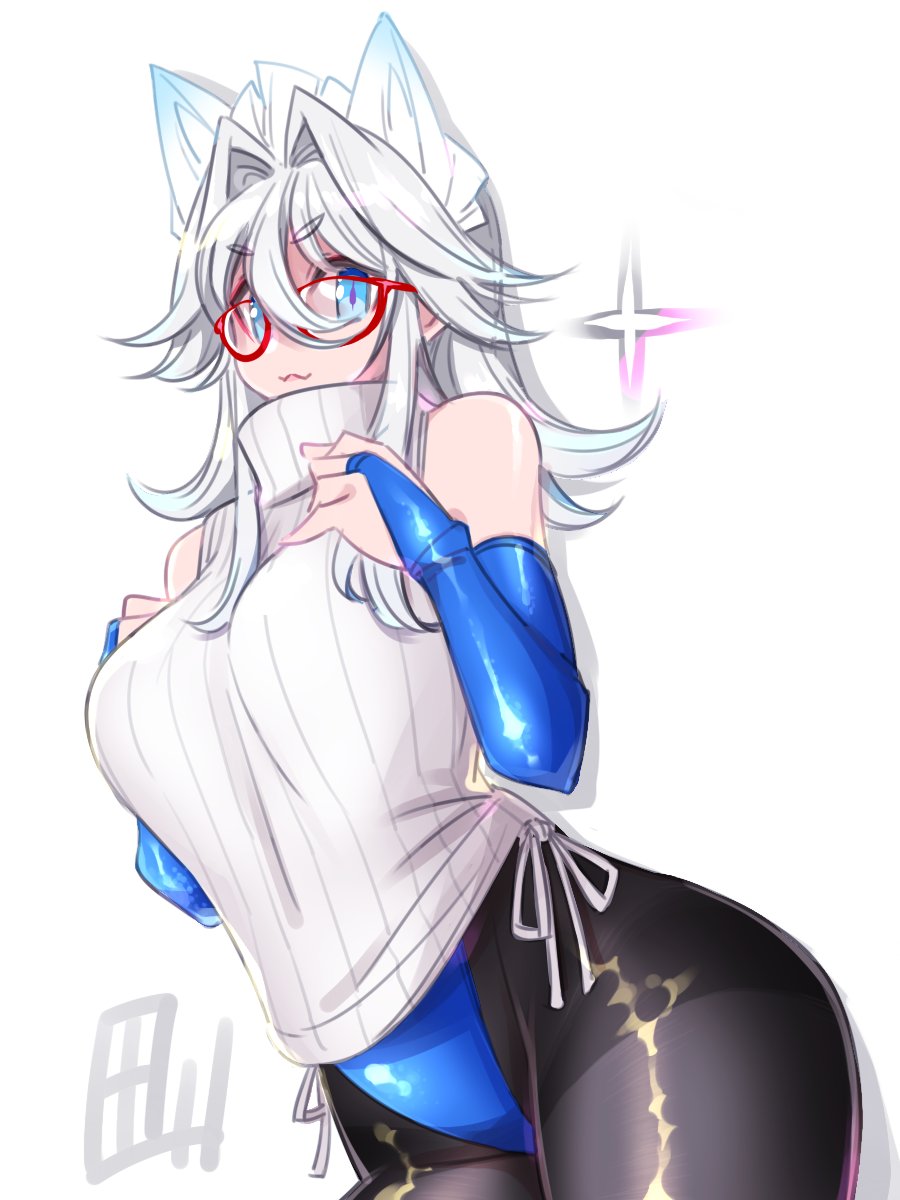 1girl :3 alternate_costume animal_ears blue_eyes breasts bridal_gauntlets cat_ears glasses hair_intakes highres izayoi_sakuya large_breasts leotard long_hair pantyhose parted_bangs ribbed_sweater sidelocks sleeveless sleeveless_turtleneck solo sweater tajima_yuuki touhou turtleneck white_hair