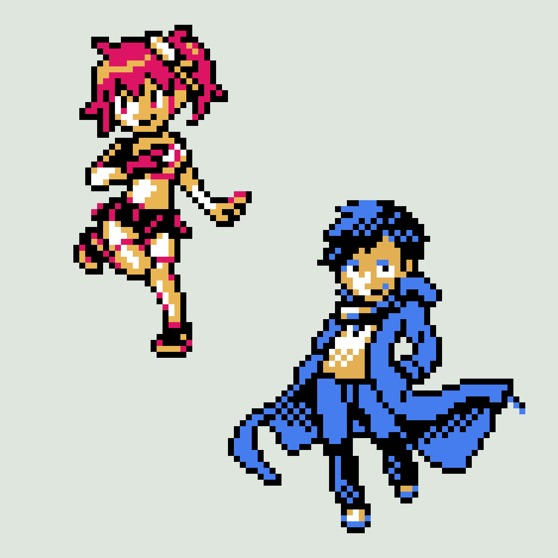 1boy 1girl aiba_ami amasawa_keisuke black_hair black_skirt blue_coat coat digimon digimon_story:_cyber_sleuth digimon_story:_cyber_sleuth_-_hacker&#039;s_memory grey_background hood hooded_coat limited_palette long_hair miniskirt pixel_art rastadog77 red_hair shirt short_hair simple_background skirt yellow_shirt