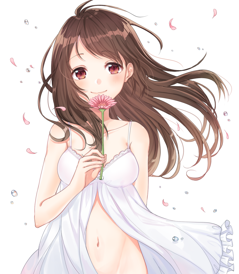 1girl arm_behind_back babydoll bad_id bad_pixiv_id bare_shoulders breasts brown_eyes brown_hair closed_mouth collarbone female_focus flower hand_up holding holding_flower long_hair looking_at_viewer medium_breasts navel no_panties original oto_(8731832) petals pink_eyes pink_flower simple_background smile solo swept_bangs upper_body water_drop white_babydoll white_background