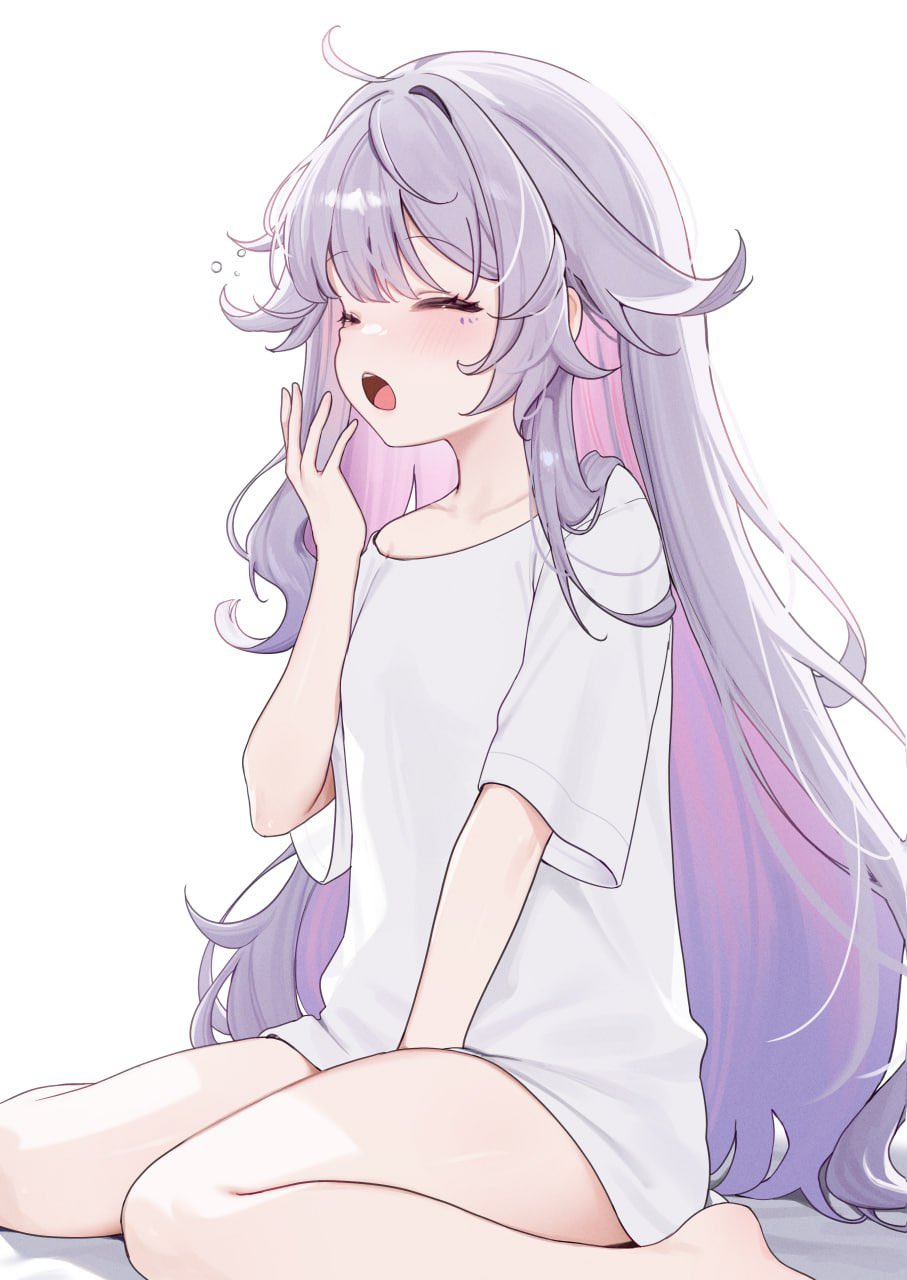 1girl breasts closed_eyes grey_hair hand_up highres hololive hololive_english jewel_under_eye koseki_bijou light_blush long_hair miyuchiq multicolored_hair open_mouth oversized_clothes oversized_shirt purple_hair shirt simple_background sitting small_breasts solo virtual_youtuber wariza white_background white_shirt yawning