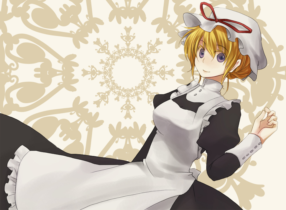 1girl alternate_costume apron blonde_hair enmaided female_focus hair_up hat light_smile maid maid_apron purple_eyes short_hair solo touhou yakumo_yukari yoshida_ichiya yoshida_nishi