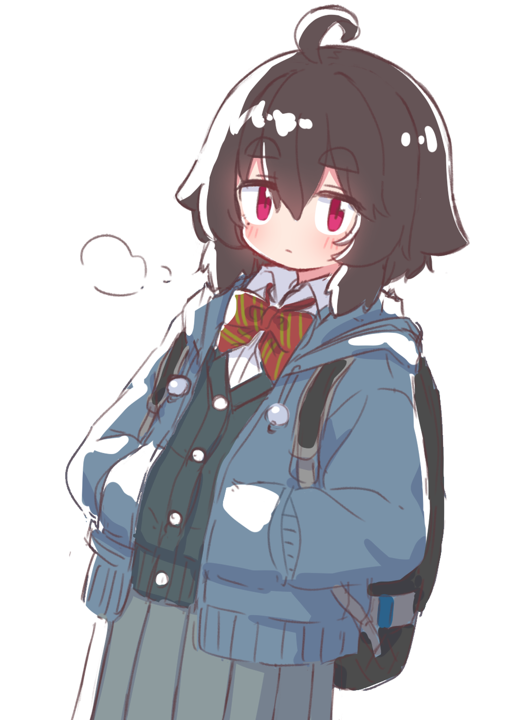 1girl ahoge backpack bag black_bag black_hair blue_jacket blush bow bowtie cardigan closed_mouth collared_shirt commentary_request diagonal-striped_bow diagonal-striped_bowtie diagonal-striped_clothes green_cardigan grey_skirt hands_in_pockets highres jacket long_sleeves medium_hair naga_u naga_u-chan original pleated_skirt red_bow red_bowtie red_eyes shirt simple_background sketch skirt solo striped_clothes thick_eyebrows white_background white_shirt