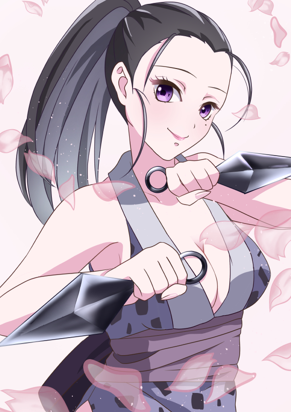 1girl anemone_(anemone-ne) black_hair breasts cleavage closed_mouth hinatsuru_(kimetsu_no_yaiba) holding holding_knife japanese_clothes kimetsu_no_yaiba kimono knife kunai long_hair looking_at_viewer medium_breasts mole mole_under_eye ninja ponytail purple_eyes purple_kimono sleeveless sleeveless_kimono smile solo weapon