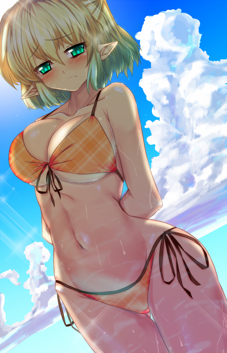 1girl arms_behind_back bikini blonde_hair blush breasts cloud collarbone dutch_angle embarrassed female_focus front-tie_top green_eyes green_hair large_breasts lens_flare looking_at_viewer lowleg lowleg_bikini matching_hair/eyes mizuhashi_parsee multicolored_hair navel orange_bikini outdoors plaid_bikini plaid_clothes pointy_ears short_hair side-tie_bikini_bottom sky solo sousakubito stomach swimsuit thigh_gap touhou two-tone_hair underboob unmoving_pattern wading wet