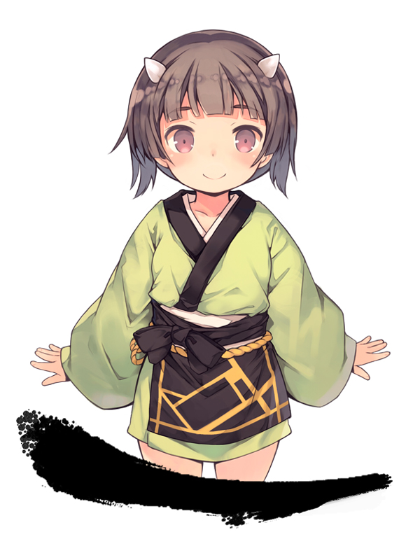 1girl apron black_apron brown_eyes brown_hair closed_mouth commentary_request cropped_legs green_kimono horns japanese_clothes kimono kurasuke long_sleeves looking_at_viewer oni original short_hair simple_background sleeves_past_wrists smile solo waist_apron white_background wide_sleeves