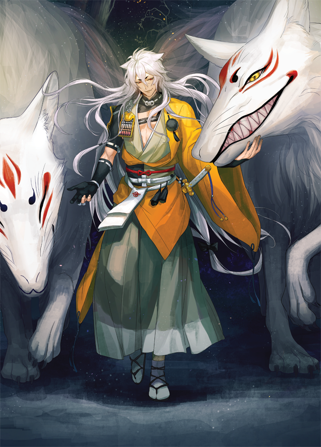 10s 1boy black_gloves branch fangs fox full_body gloves hakama hakama_skirt japanese_clothes kimono kitsune kogitsunemaru male_focus partially_fingerless_gloves red_eyes sandals sharp_teeth sine skirt smile smirk sword tabi teeth touken_ranbu weapon white_hair yellow_eyes