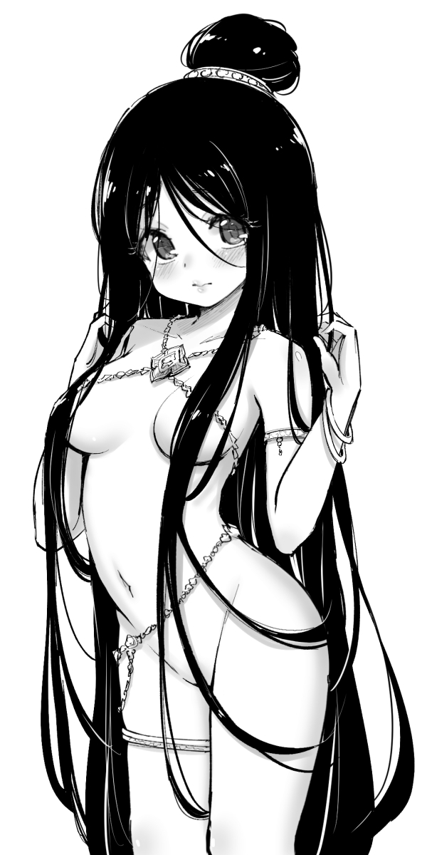 1girl alphy bare_shoulders blush breasts character_request collarbone copyright_request greyscale hair_censor highres jewelry lips long_hair looking_at_viewer medium_breasts monochrome nude simple_background solo very_long_hair white_background