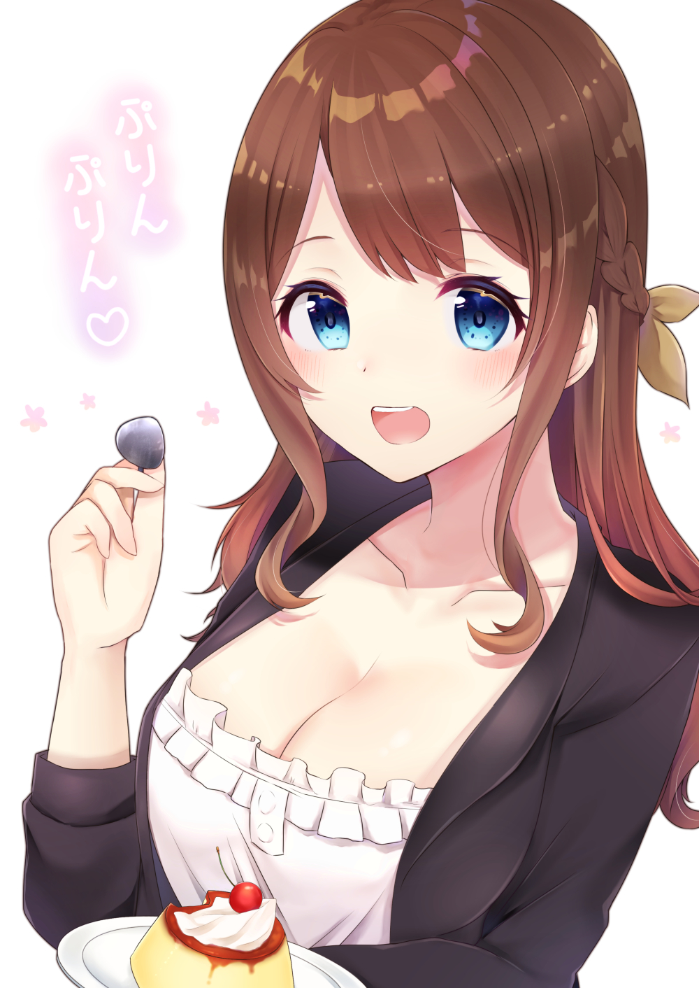 10s 1girl :d black_jacket blue_eyes blush braid breasts brown_hair character_request cherry cleavage collarbone commentary_request dress female_focus food fruit hair_ribbon heart highres holding holding_plate holding_spoon jacket large_breasts long_hair long_sleeves looking_at_viewer open_mouth plate pudding ribbon rokuroba_tamayo ryuuou_no_oshigoto! shiarisu smile solo spoon teeth translated upper_teeth_only white_background white_dress yellow_ribbon