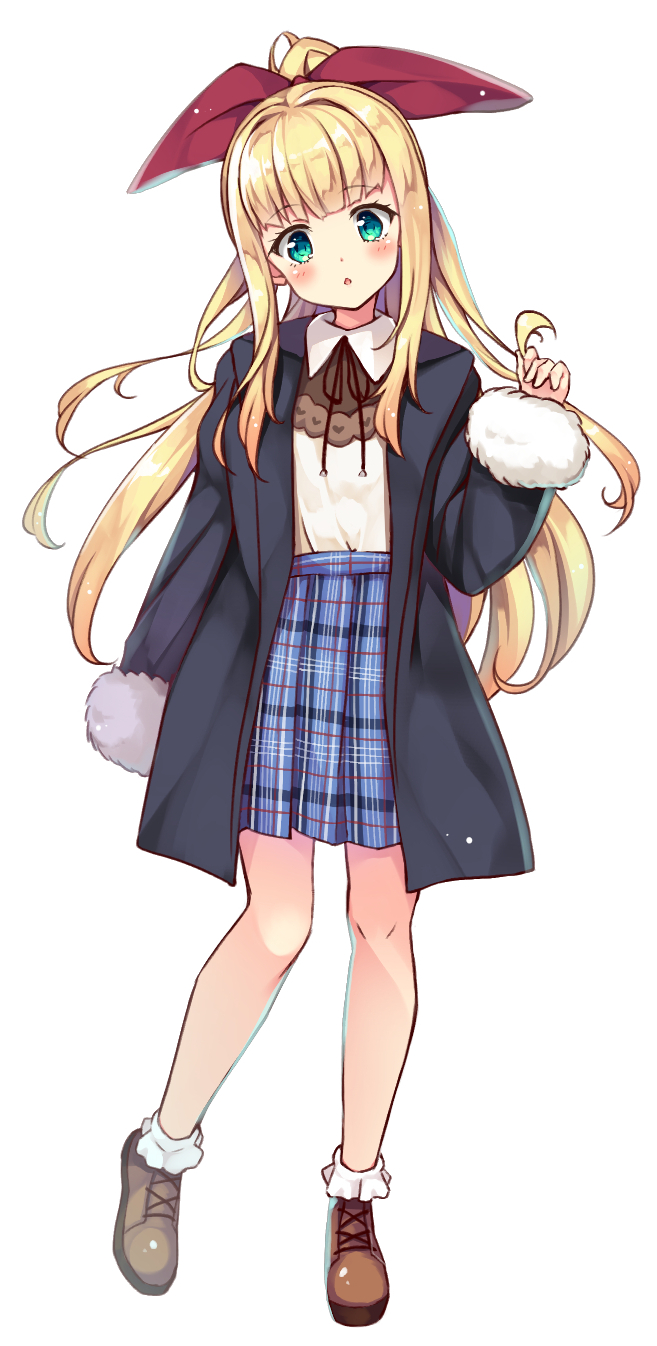 1girl alternate_costume black_coat blonde_hair blush bow brown_shoes coat female_focus full_body fur_trim green_eyes hair_bow highres long_hair long_sleeves miniskirt moeki_yuuta mononobe_alice nijisanji open_clothes open_coat parted_lips plaid_clothes plaid_skirt red_bow shoes sidelocks skirt solo standing very_long_hair virtual_youtuber white_background