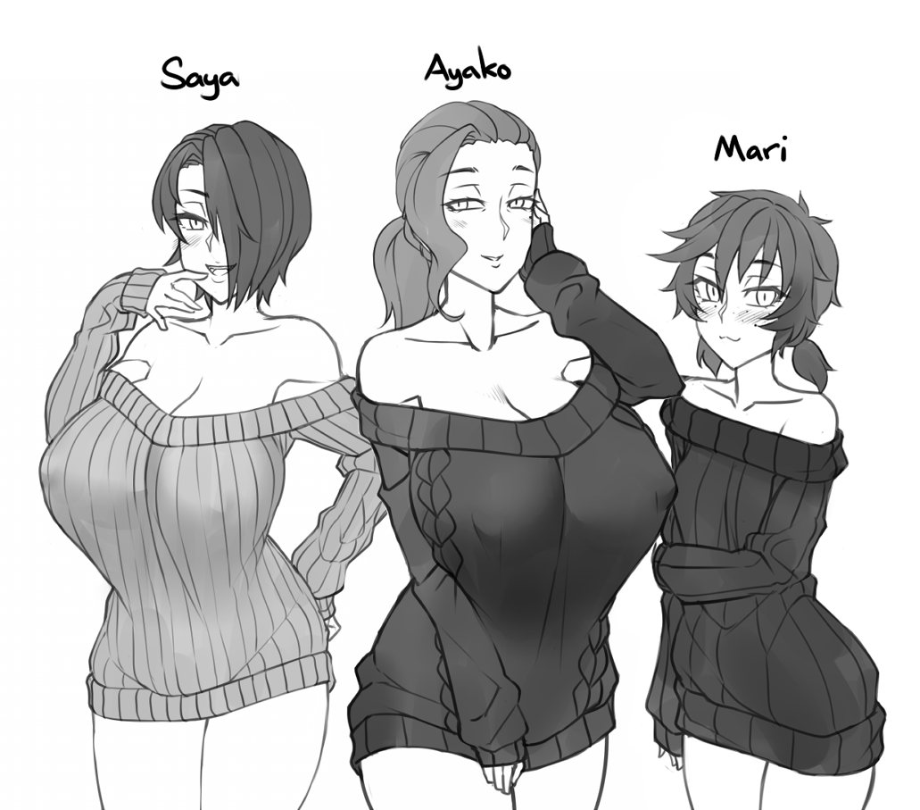 3girls :3 :d alternate_hairstyle aran_sweater arm_at_side arm_under_breasts ayako_(twrlare) bare_shoulders black_sweater blush breasts cable_knit character_name collarbone commentary covered_erect_nipples cowboy_shot english_commentary eyes_visible_through_hair forehead freckles greyscale hair_over_one_eye hand_on_own_hip hand_on_own_cheek hand_on_own_face hand_to_own_mouth hand_up huge_breasts long_hair long_sleeves looking_at_viewer low_twintails mari_(twrlare) mature_female mole mole_under_eye monochrome mother_and_daughter mouth_visible_through_hair multiple_girls no_pants off-shoulder_sweater off_shoulder open_mouth original parted_lips ponytail ribbed_sweater saya_(twrlare) short_hair short_twintails siblings simple_background single_bare_shoulder sisters sleeves_past_wrists smile sweater twintails twrlare white_background