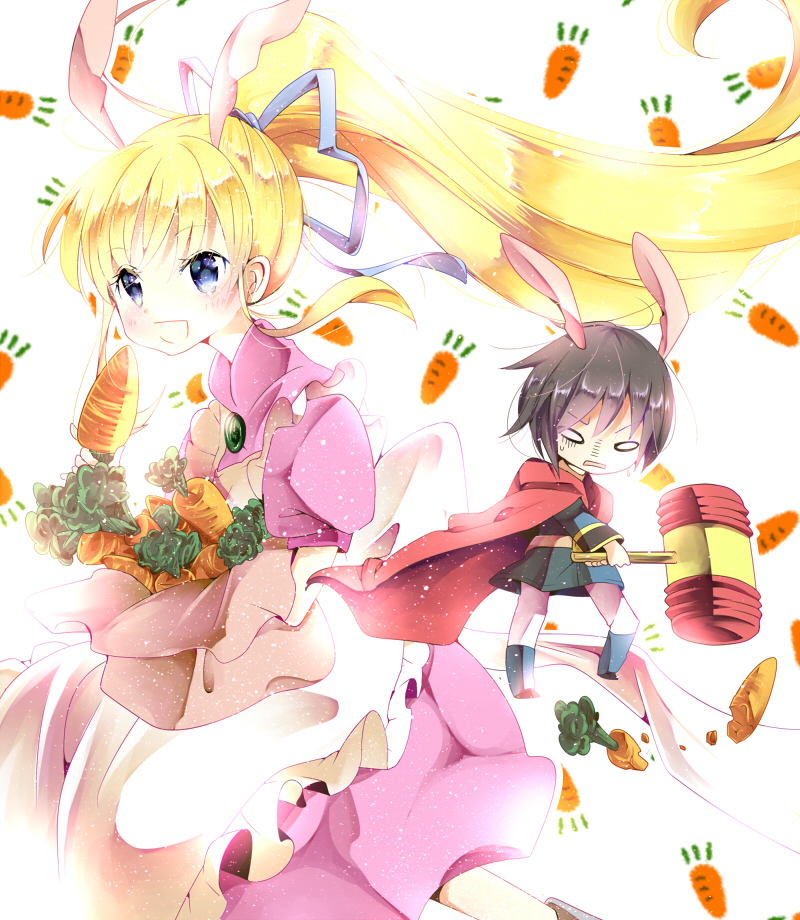 1boy 1girl apron belt black_hair blonde_hair blue_eyes blush boots rabbit_ears cape carrot dress frills leon_magnus lilith_aileron long_hair open_mouth pants ponytail short_hair tales_of_(series) tales_of_destiny