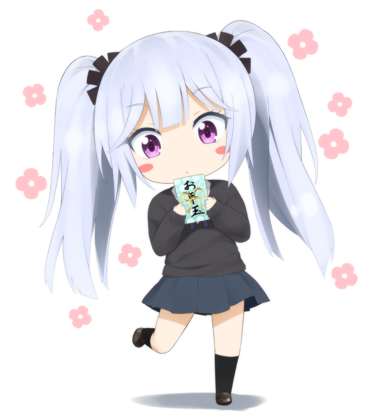 1girl blush_stickers box chibi d-frag! female_focus flower full_body gift gift_box goribote hair_ornament long_hair looking_at_viewer pleated_skirt purple_eyes sakai_tama school_uniform skirt solo standing standing_on_one_leg twintails white_hair