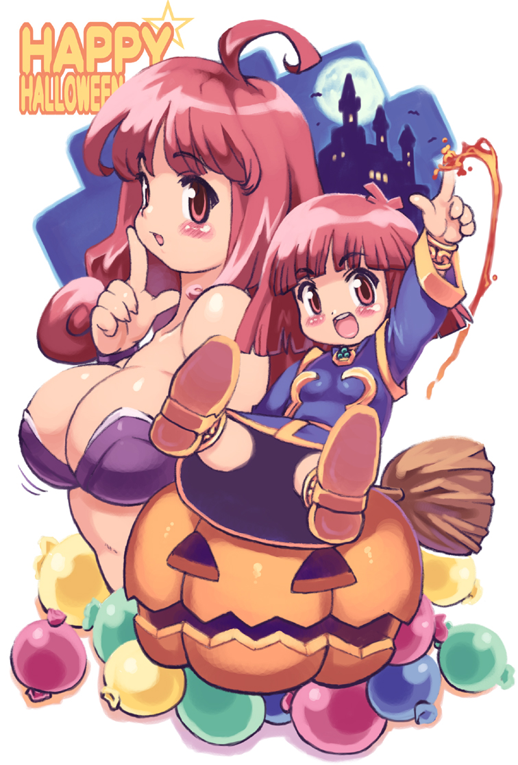 2girls blush breasts candy cleavage cotton_(character) cotton_(game) food halloween large_breasts long_hair multiple_girls open_mouth pumpkin red_eyes red_hair short_hair silk_(cotton) yu_3