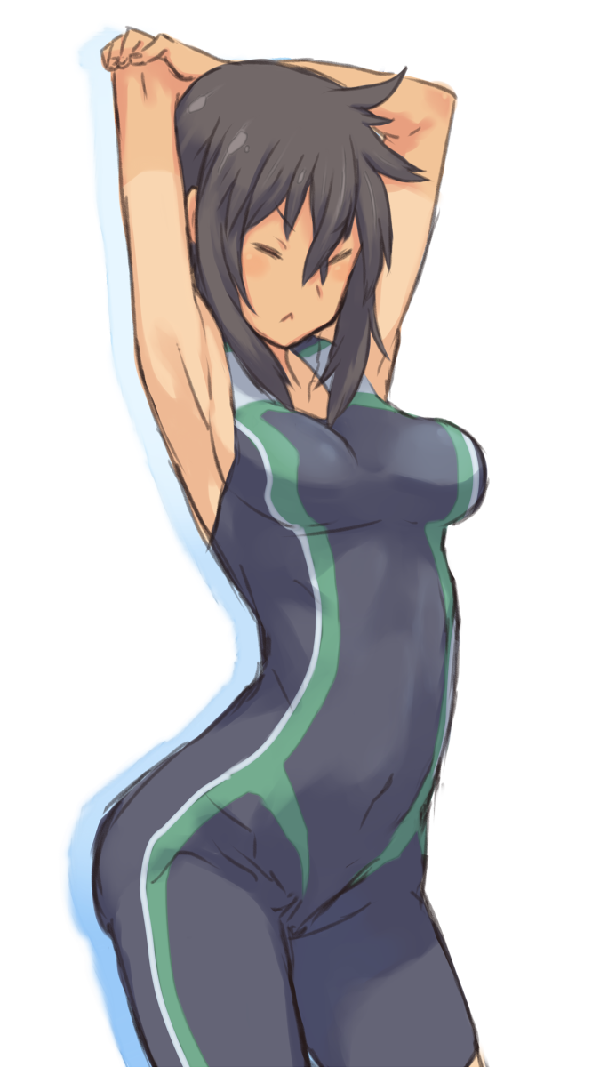 1girl :&lt; arms_behind_head auru_t breasts brown_hair character_request closed_eyes copyright_request cowboy_shot dark-skinned_female dark_skin disgaea female_focus highres solo stretching tight_clothes unitard