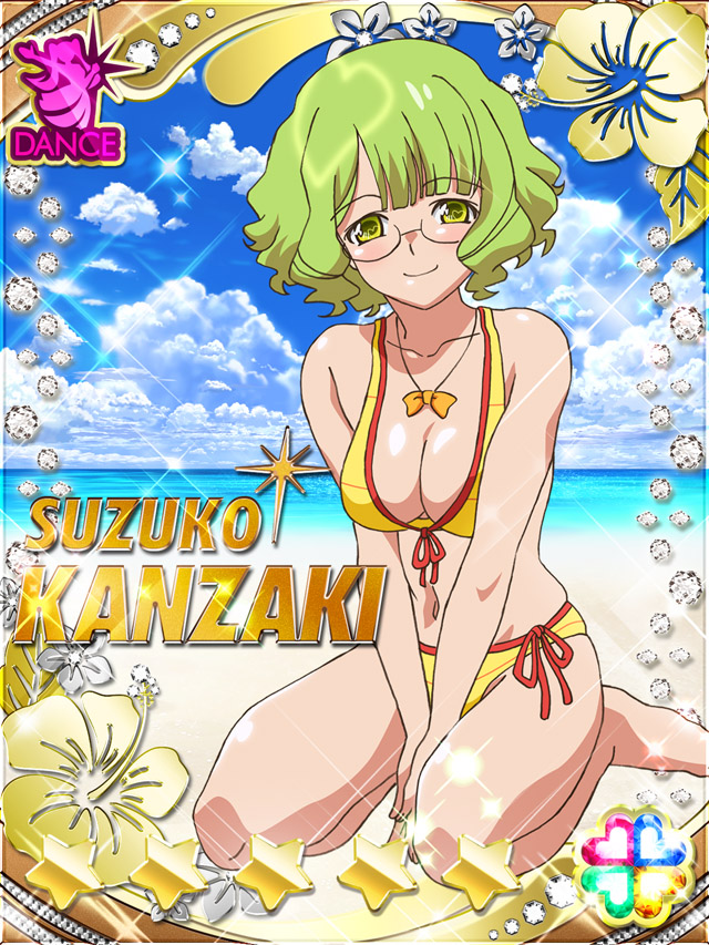 1girl akb0048 arms_between_legs barefoot beach bikini bow breasts card_(medium) character_name closed_mouth cloud cloudy_sky collarbone full_body glasses green_eyes green_hair heart kanzaki_suzuko looking_at_viewer multicolored_bikini multicolored_clothes navel non-web_source ocean official_art orange_bow outdoors round_eyewear seiza short_hair side-tie_bikini_bottom sitting sky smile solo sparkle star_(symbol) swimsuit two-tone_bikini v_arms wavy_hair