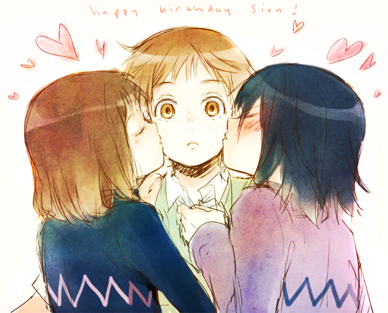 1girl 2boys birthday bisexual_male black_hair blush brown_eyes brown_hair child closed_eyes happy heart kiss kissing_cheek kl_(dgzonbi) multiple_boys nezumi_(no.6) no.6 safu sandwiched shion_(no.6) short_hair yellow_eyes