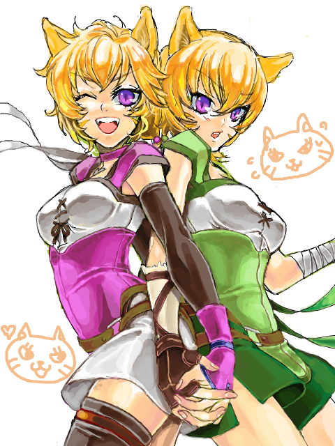 2girls animal_ears blonde_hair brown_hair cat fang female_focus fire_emblem fire_emblem:_radiant_dawn gloves holding_hands laguz_(race) lethe_(fire_emblem) long_hair lyre_(fire_emblem) multiple_girls nintendo one_eye_closed open_mouth purple_eyes siblings simple_background sisters smile tail thighhighs twins wink