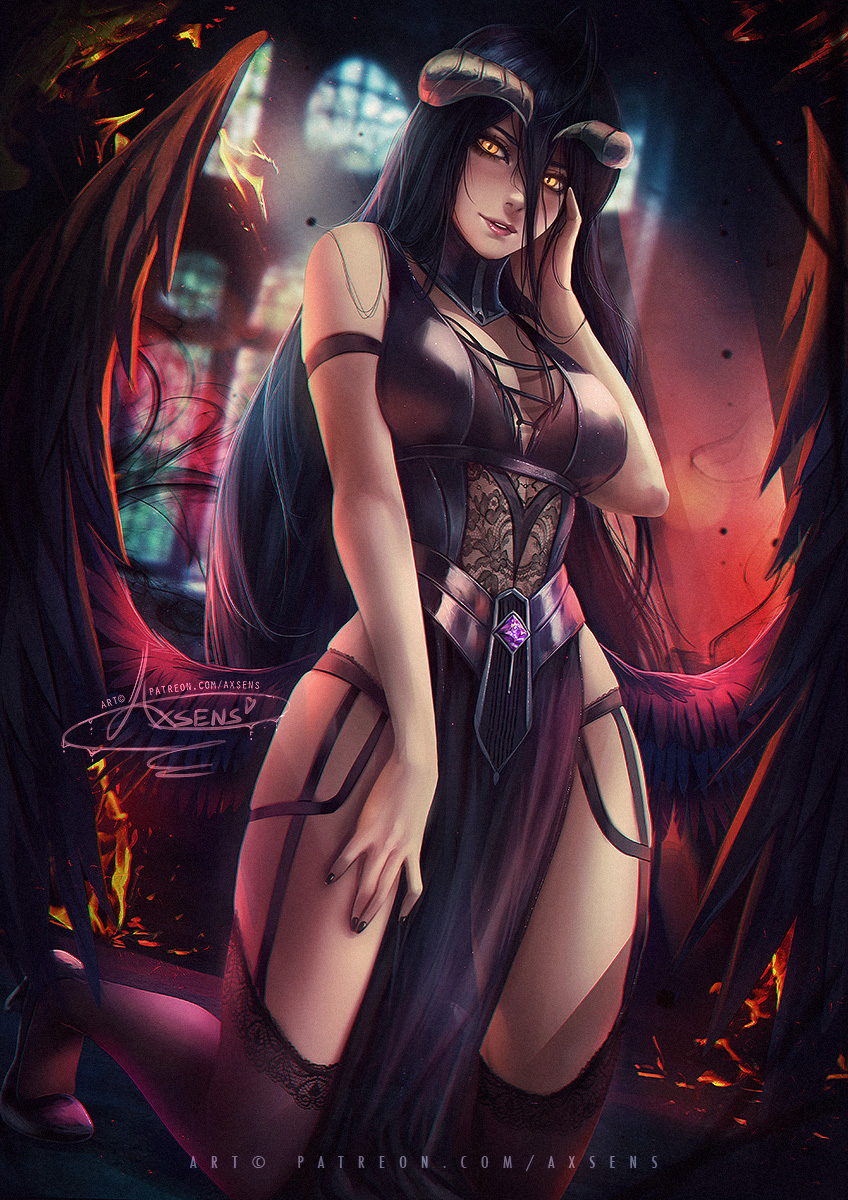 1girl albedo_(overlord) artist_name axsen bare_shoulders black_hair breasts female_focus fingernails hair_between_eyes hand_on_own_face highres horns kneeling large_breasts long_hair looking_at_viewer overlord_(maruyama) parted_lips solo wings yellow_eyes