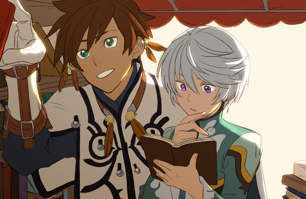 10s 2boys bad_id bad_pixiv_id bishounen book brown_hair cape cloak gloves green_eyes grin male_focus mikleo_(tales) multiple_boys open_book purple_eyes reading short_hair smile sorey_(tales) tales_of_(series) tales_of_zestiria tasasakiamagu white_hair