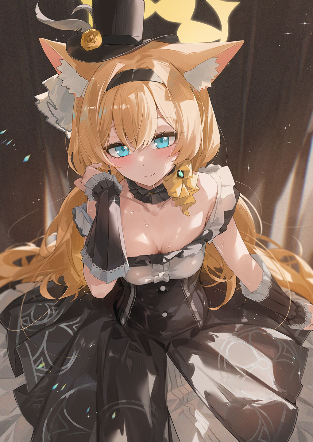 1girl animal_ear_fluff animal_ears black_dress black_hat blue_archive blue_eyes blush bow breasts brooch cat_ears choker dema_hmw detached_sleeves dress flower frilled_choker frills grey_dress hairband halo hat highres jewelry long_hair looking_at_viewer low_twintails mari_(blue_archive) mari_(idol)_(blue_archive) orange_hair revision small_breasts solo top_hat twintails two-tone_dress