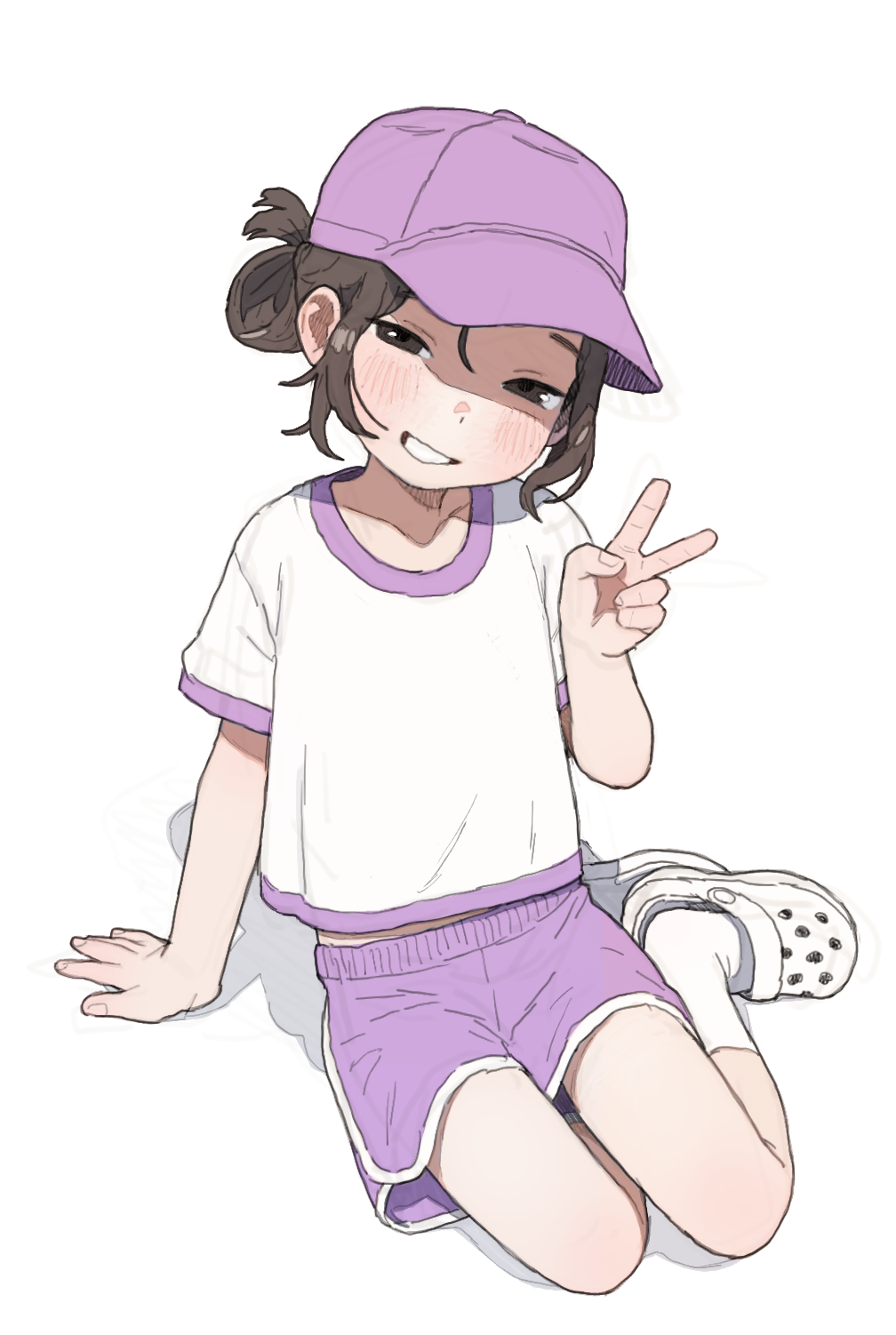 1girl arm_support baseball_cap brown_eyes brown_hair commentary_request crocs dolphin_shorts flat_chest full_body grin hair_rings half-closed_eyes hat highres looking_at_viewer opossumachine original parted_lips purple_hat purple_shorts shirt short_hair short_shorts short_sleeves shorts simple_background sitting smile socks solo teeth v white_background white_shirt white_socks yokozuwari