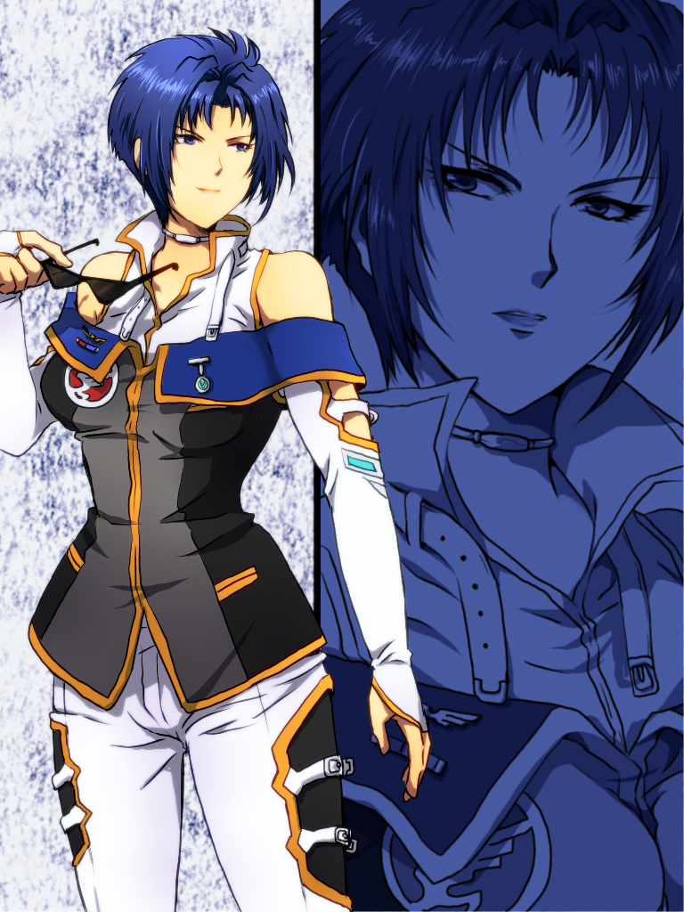 1girl bare_shoulders blue_eyes blue_hair breasts bridal_gauntlets choker collar unworn_eyewear holding holding_removed_eyewear large_breasts matching_hair/eyes pants shiina_satsuki_(pixiv2890507) short_hair smile solo sunglasses super_robot_wars super_robot_wars_original_generation viletta_badam