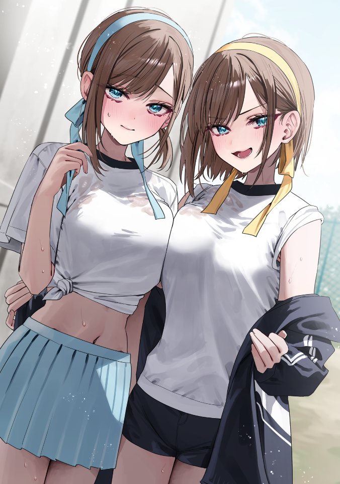 2girls black_jacket black_shorts blue_eyes blue_hairband blue_skirt blush breasts brown_hair chigusa_minori closed_mouth commentary_request dutch_angle futago_matomete_kanojo_ni_shinai? hairband hand_on_another&#039;s_waist hand_up jacket large_breasts looking_at_viewer midriff multiple_girls navel off_shoulder official_art open_mouth pleated_skirt second-party_source shirt short_hair shorts siblings sisters skirt sleeves_rolled_up smile sweat swept_bangs tied_shirt twins usami_chikage usami_hikari white_shirt yellow_hairband